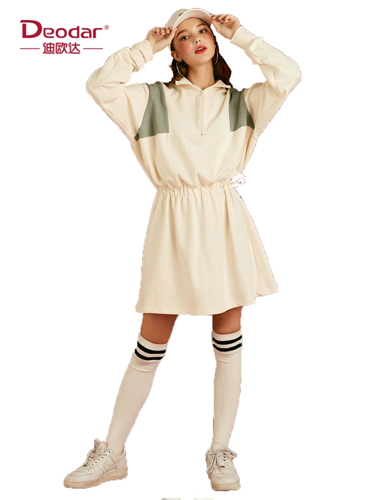 

Deodar Simple Casual Sports Style Half-Open Zipper Contrast Color Stitching Waist Drawstring Dress Sweet and Youthful