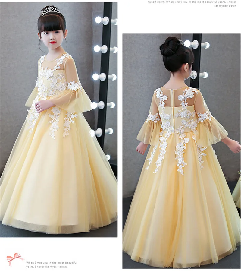 Осень-зима высокое качество детская Обувь для девочек желтый принцессы Кружево длинное платье для дня рождения Свадебная вечеринка расклешенными рукавами платье
