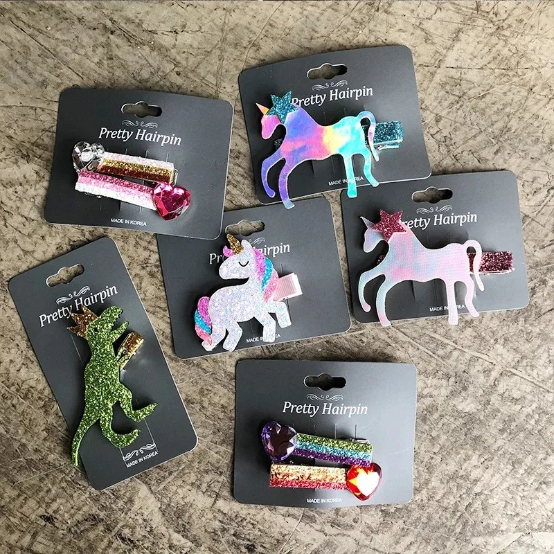 

12set/lot Glitter Felt Fairy Unicorn Hair Clips Crystal Red Heart Girl Hair Barrette Green Artificial Leather Dinosaur Hairpin