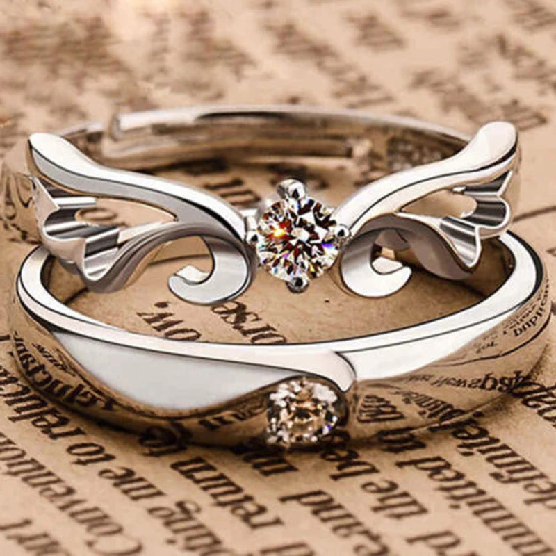 1 Pairs Charm Silver Open Rings For Women Bijoux Crystal Wing Engagement Wedding Jewelry anel masculino Couple Rings For Lovers