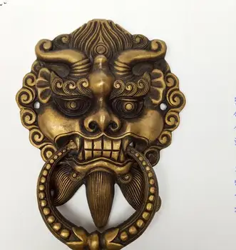 

8" Chinese Copper Feng Shui Foo Fu Dog Lion Head Knocker Door Ring Pair