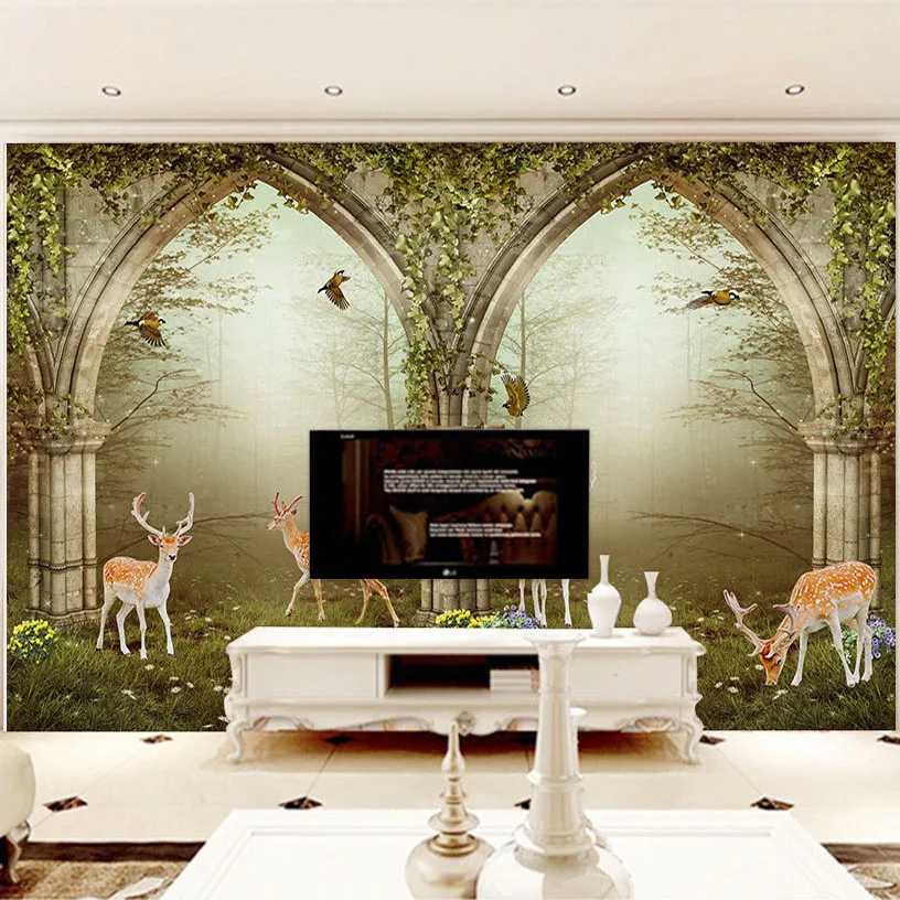 Европейский цветок лоза двери лес в тумане олень фотообои для гостиной ТВ диван фон стены нетканый размер обои на заказ