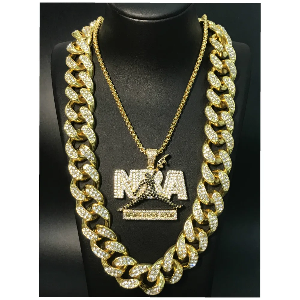 

Hip Hop Men Necklace Gold Sliver Crystal Miami Cuban Rock Pendant Necklace set 2CM Hip Hop King New Necklace For Men
