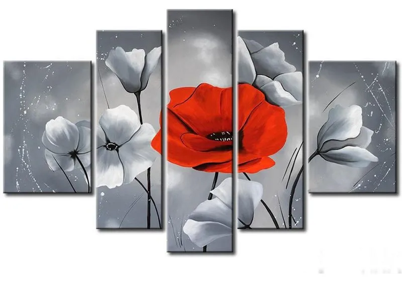 

Handpainted Modern Abstract Flower Oil Paintings on Canvas Home Decor Acrylic Red Floral Pictures Large 5 Panel Wall Painting