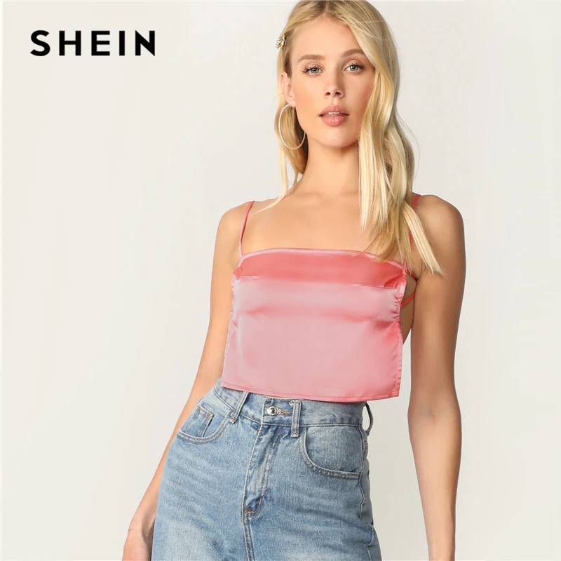 SHEIN топ на бретельках с открытой спиной, Атласный топ на бретельках, женская одежда, летние топы на бретельках,, стильный розовый однотонный сексуальный жилет