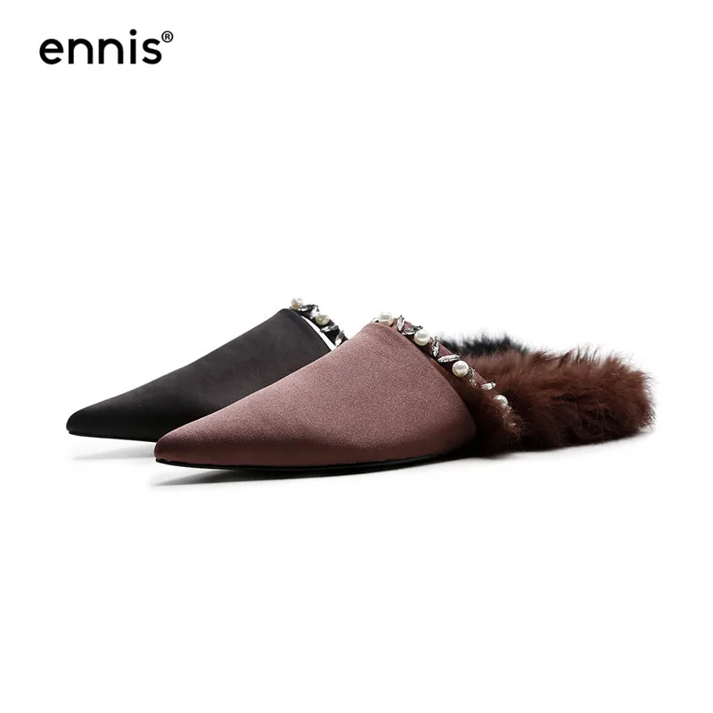 ENNIS/Коллекция года; женские шелковые туфли без задника с острым носком; женские модные шлепанцы с жемчугом и кристаллами; европейские дизайнерские меховые мокасины; Новинка; M705