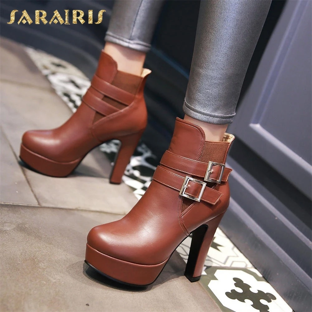 

SARAIRIS 2018 Big Size 32-43 Ankle Boots Fashion Spike High Heels Trend Style Buckles Platform Party women's Shoes Woman Boot