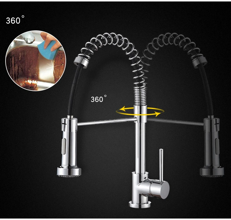 Kitchen Faucets Brush Brass Faucets for Kitchen Sink Single Lever Pull Out Spring Spout Mixers Tap Hot Cold Water Crane 130077A