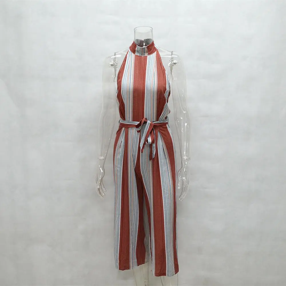 Sleeveless Stripes Halter Off Shoulder Jumpsuits Long Wide Leg Pants Women Summer Loose Backless Lady Fashion Playsuits Overalls Sleeveless Stripes Halter Off Shoulder Jumpsuits Long Wide Leg Pants Women Summer Loose Backless Lady Fashion Playsuits Overalls