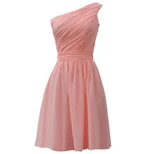 Cheap Pink Bridesmaid Dress One Shoulder Pleats Knee Length Chiffon High Quality Maid of Honor Dress