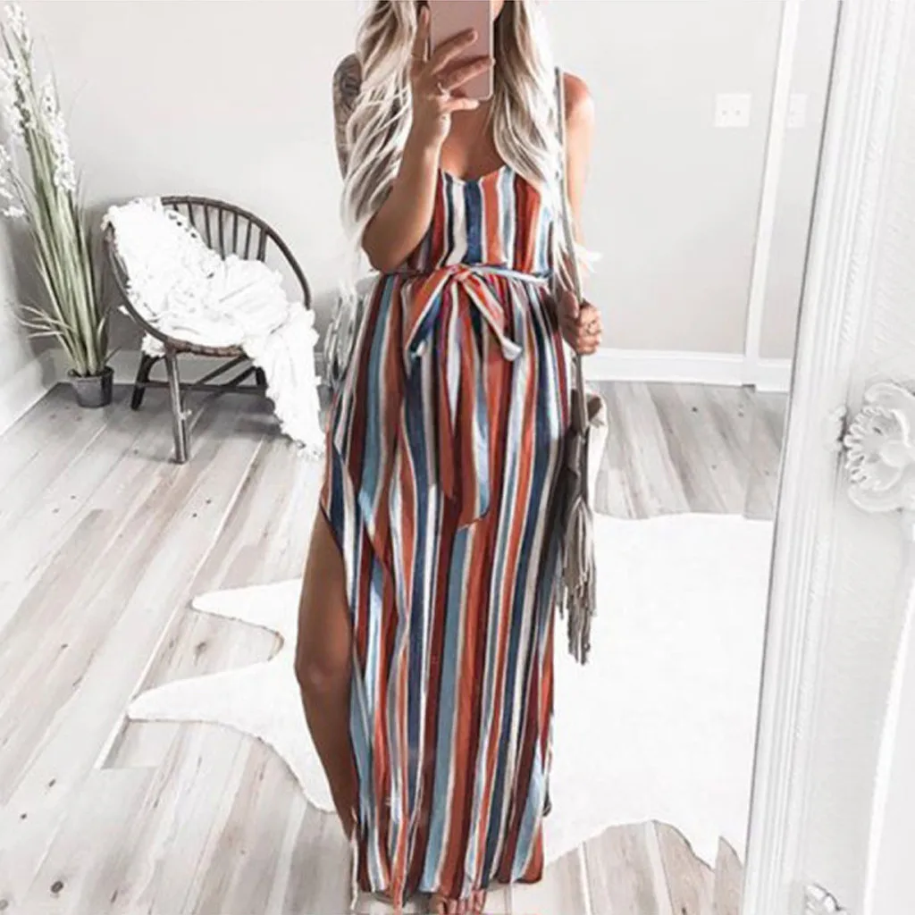 

Women's Maternity Pregnanty Strap Sleeveless Fork Openin Print Stripe Long Dress maternity dresses robe grossesse sukienka ciazowa