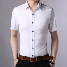 Летние Для мужчин модные Деловое платье короткий рукав рубашки Camisa, однотонные яркие облегающие подходит хлопковая и шелковая ткань высокое качество
