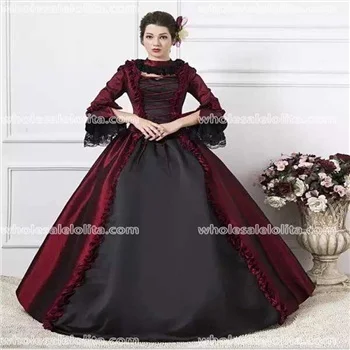 В викторианском стиле, бальное платье в красный с черными кружевами и планки/Vintage Платье