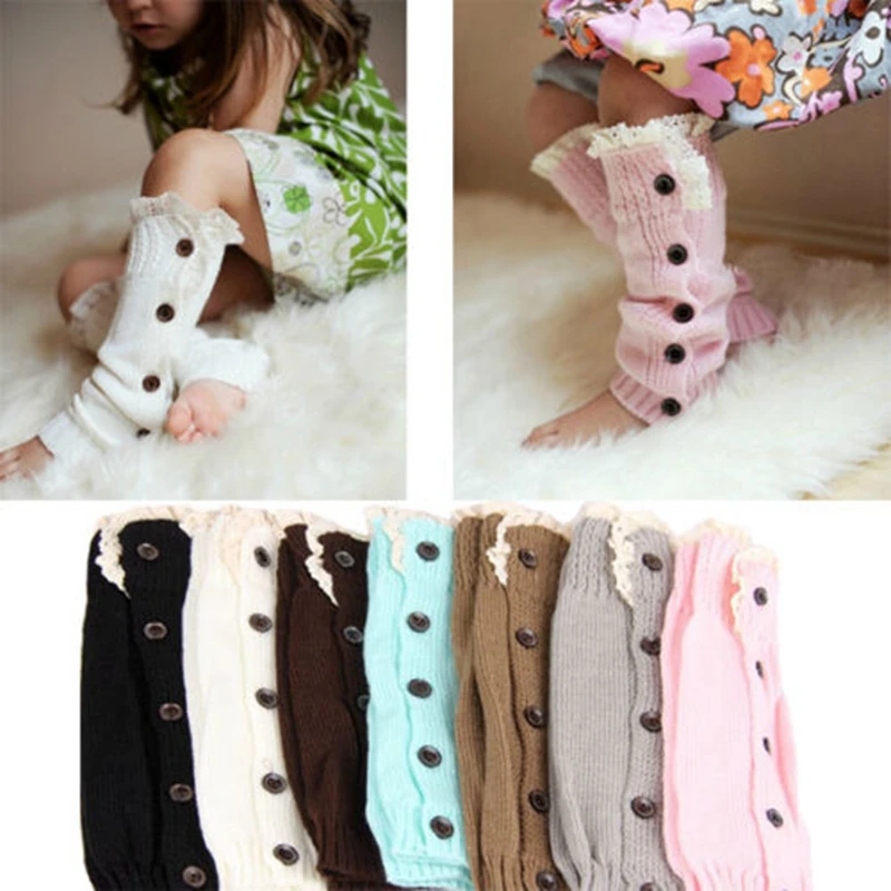 Теплые детские модные вязаные гетры с пуговицами и кружевом для девочек, укороченные сапоги, носки с манжетами, Топ