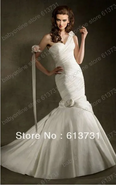 Free Shipping Custom-made Wholesale Ruched Taffeta Mermaid wedding dresses /bridal gowns with handmade flowers | Свадьбы и торжества