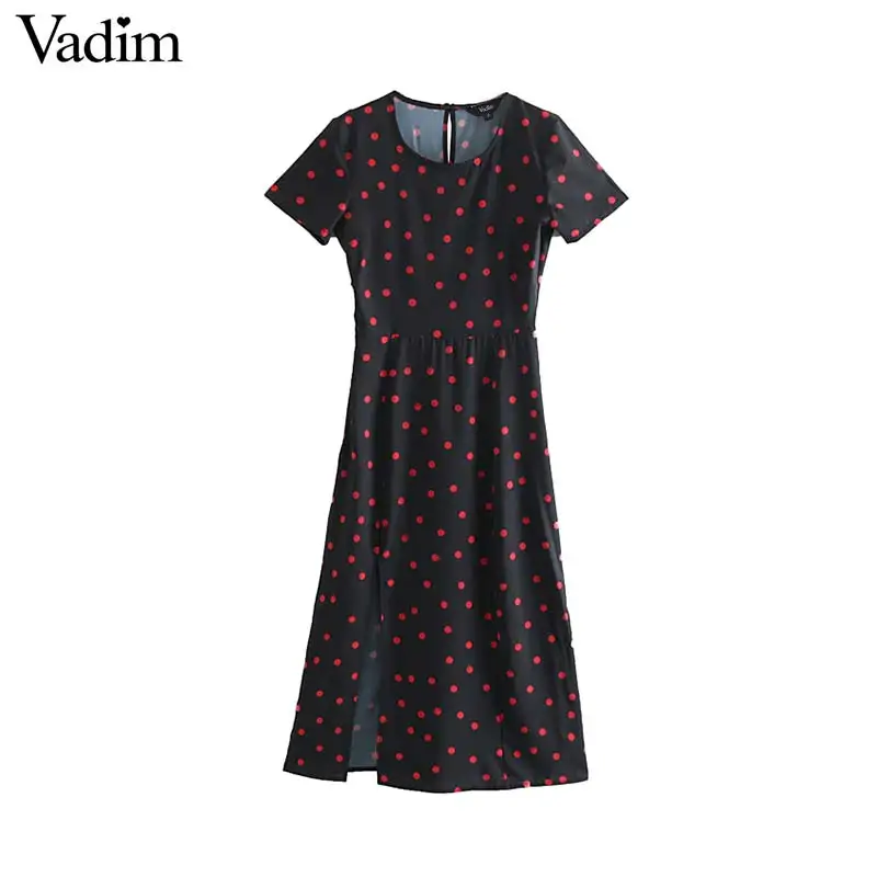 

Vadim women vintage dots print side zipper midi dress O neck elegant plaid split dress short sleeve retro vestido mujer QB743