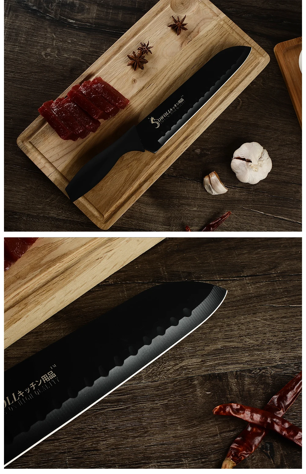 Sowoll Нержавеющая сталь разделочная Nakiri Santoku Многофункциональный кухонный нож мульти-функциональное блюдо зажим с завязкой сзади; пресс-форм Кухня 5 шт./компл