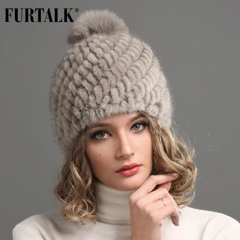 FURTALK Реального норки меховая шапка для зимы женщин трикотажные шапочки с лисой