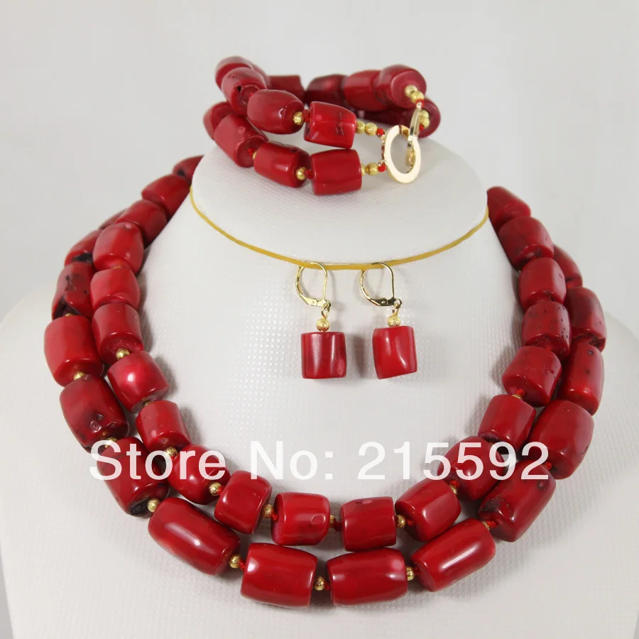 

Fabulous Double Rows Red Coral Necklace/Bracelet/Earrings Set Coral Beads Jewelry Set Wholesale CJ014