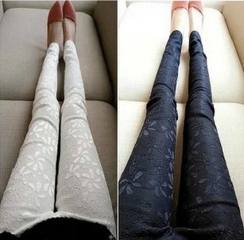 

New Arrival JU-010 New 2014 summer Women Lace Embroidery Leggings Female pants Black White M L XL Plus Size drop shipping