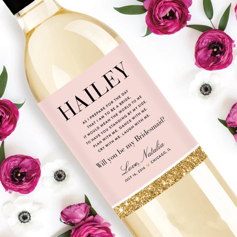 Custom Bridesmaid Wine Labels - Personalized Will You Be My Bridesmaid Gift, Save the Name and Date, Glitter Design