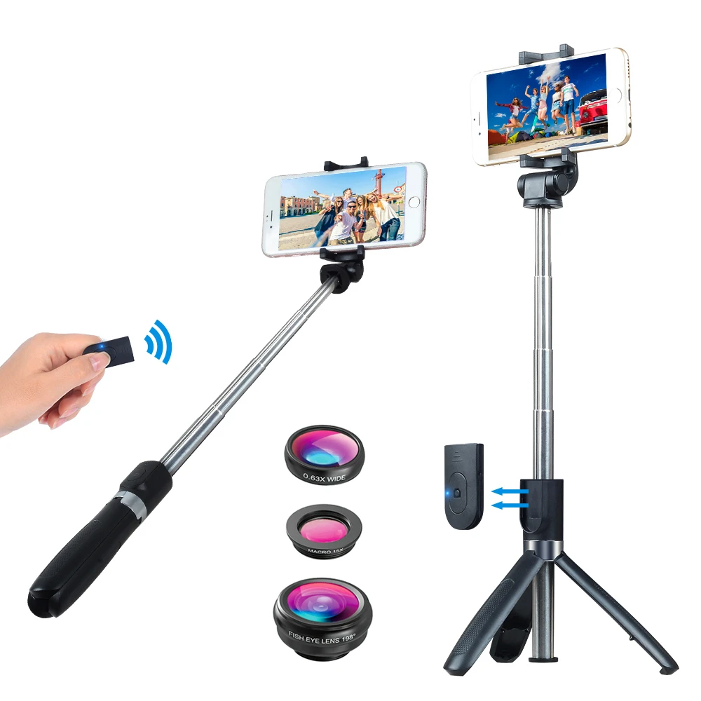 

Fisheye Wide Macro 3 In 1 Lens+Bluetooth Remote Selfie Stick Extendable Portable Monopod Tripod for IPhone X 7 8 Samsung