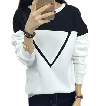 

Autumn Women Patchwork Loose Sweatshirt Fashion Sweet Style O Neck Long Full Sleeve Wild White and Black Top
