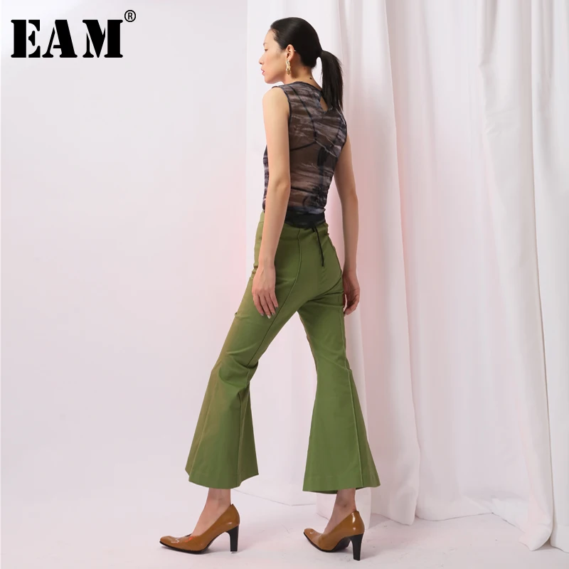 

[EAM] 2019 New Spring High Waist Gree Line Stitching Loose All-match Personality Flare Pants Women Trousers Fashion JH575