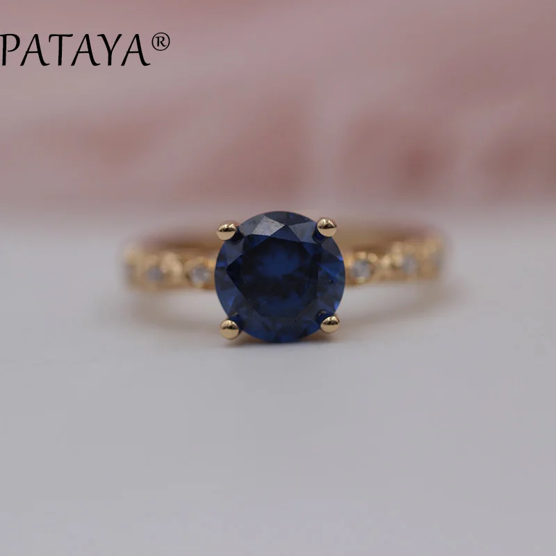 

PATAYA New Arrivals 585 Rose Gold Hollow Ring Dark Blue Round AAA Natural Zirconia Rings Women Romantic Wedding Party Jewelry