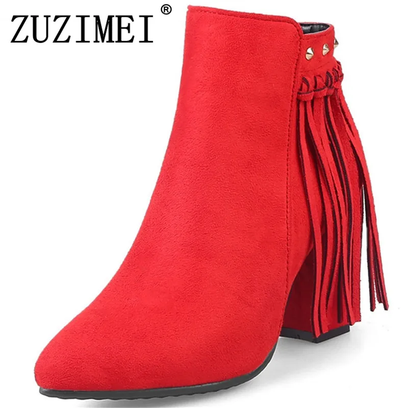 Modo A Inverno Punta Nero Delle Stivaletti 34 Tacco blu rosso Il Autunno Blu Formato Signore Quadrato Più 43 Fringe Rosso Stivali Gregge Di Nero Donne UzVpqSMG