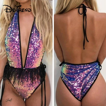 

2019 Bling Dazzling Holographic Sequins Backless Bodysuits Women Summer Beach Tassel Bikini Female Sexy One Piece Swimming Suits