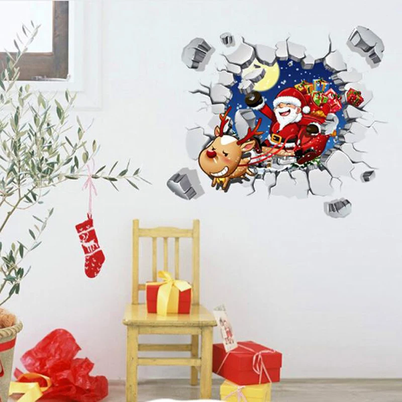 DIY 3D Removable Christmas Broken Wall Stickers Santa Claus Reindeer Decals Mural