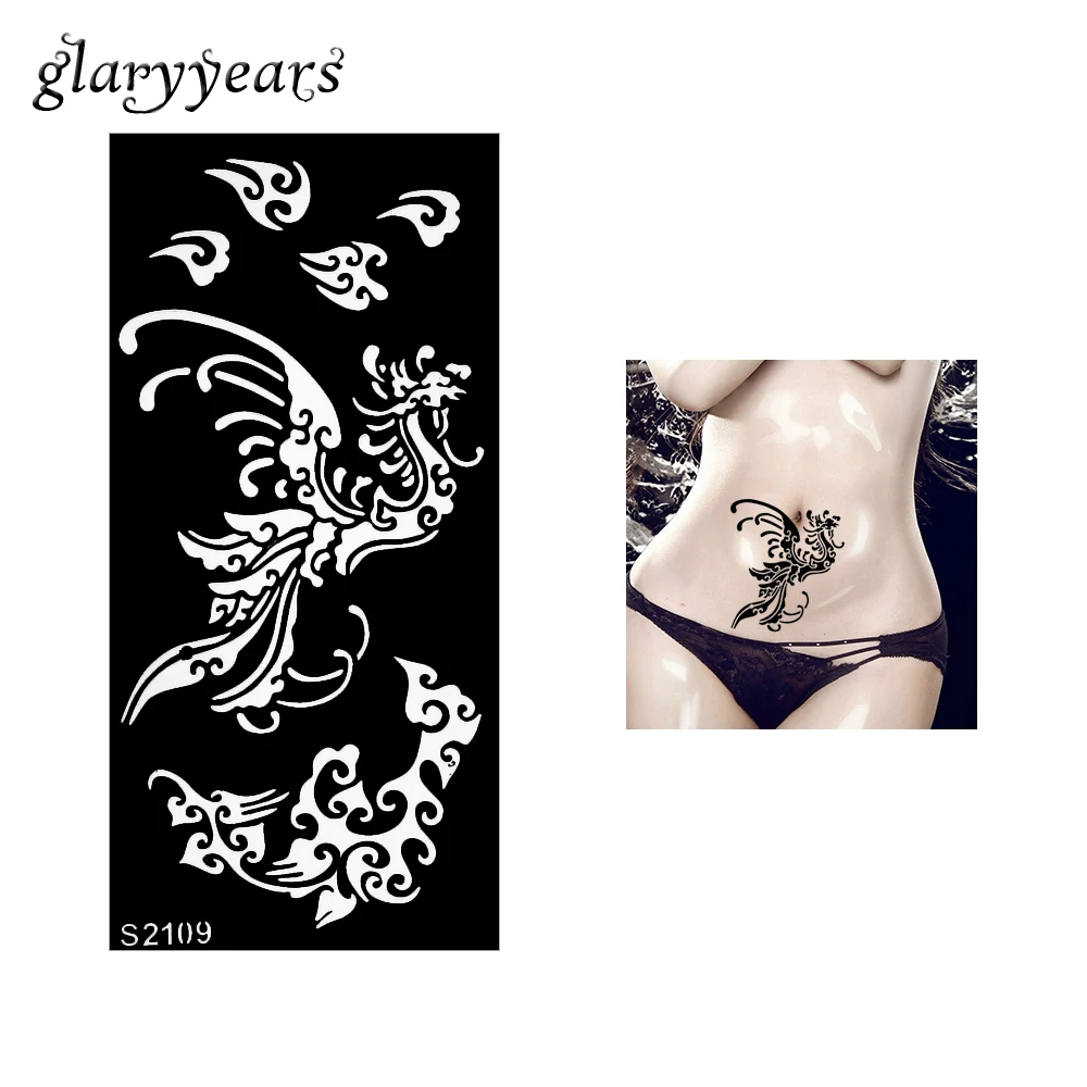 072 1 Pièce Creux Henné Tatouage Pochoir Phoenix Oiseau Feu Henné Pâte De Couleur Dessin Sexy Femme Ventre Art Tatouage Pochoir Nouveau S2109 In
