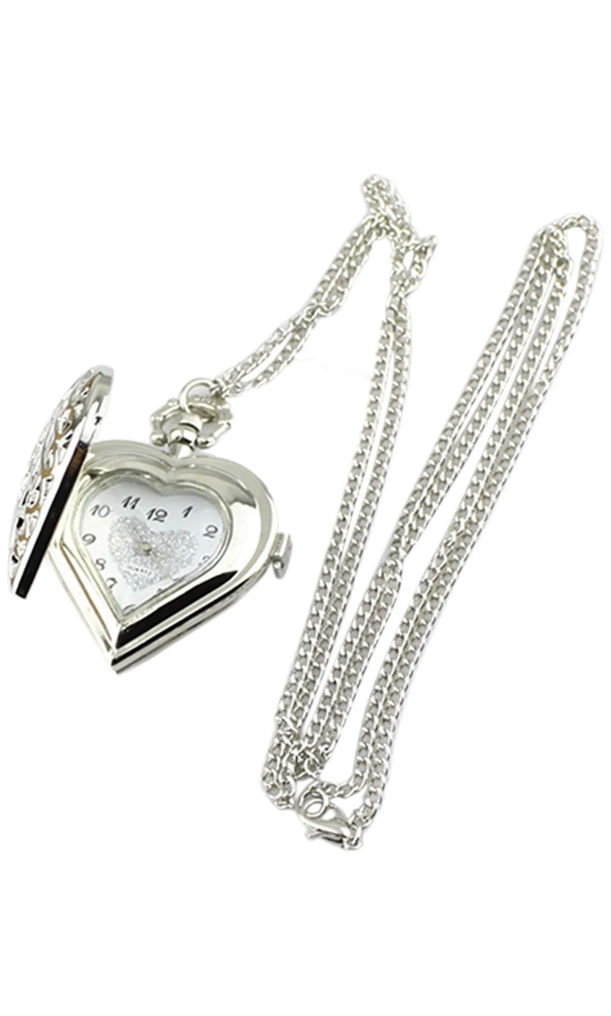 Hollow Heart shaped Pocket Watch Necklace Pendant Chain Silverin