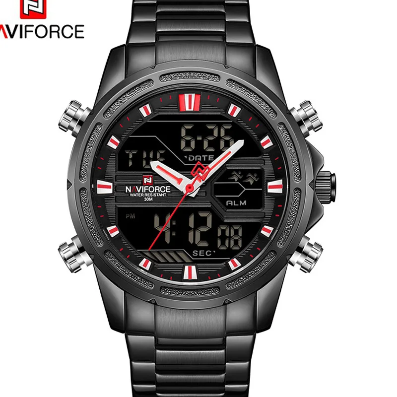 

Naviforce man Watch LED Steel Stainless Quartz Analog Digital Military mens watches 9138 3BAR Steel Sport Male Clock relogios