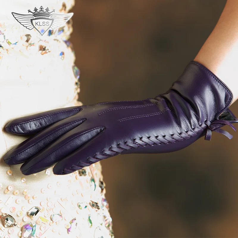 Women Leather Gloves Winter 2015 Goatskin Gloves Wrist Five Finger Genuine Leather Gloves Warm Slim Hand Sheepskin Gloves 37