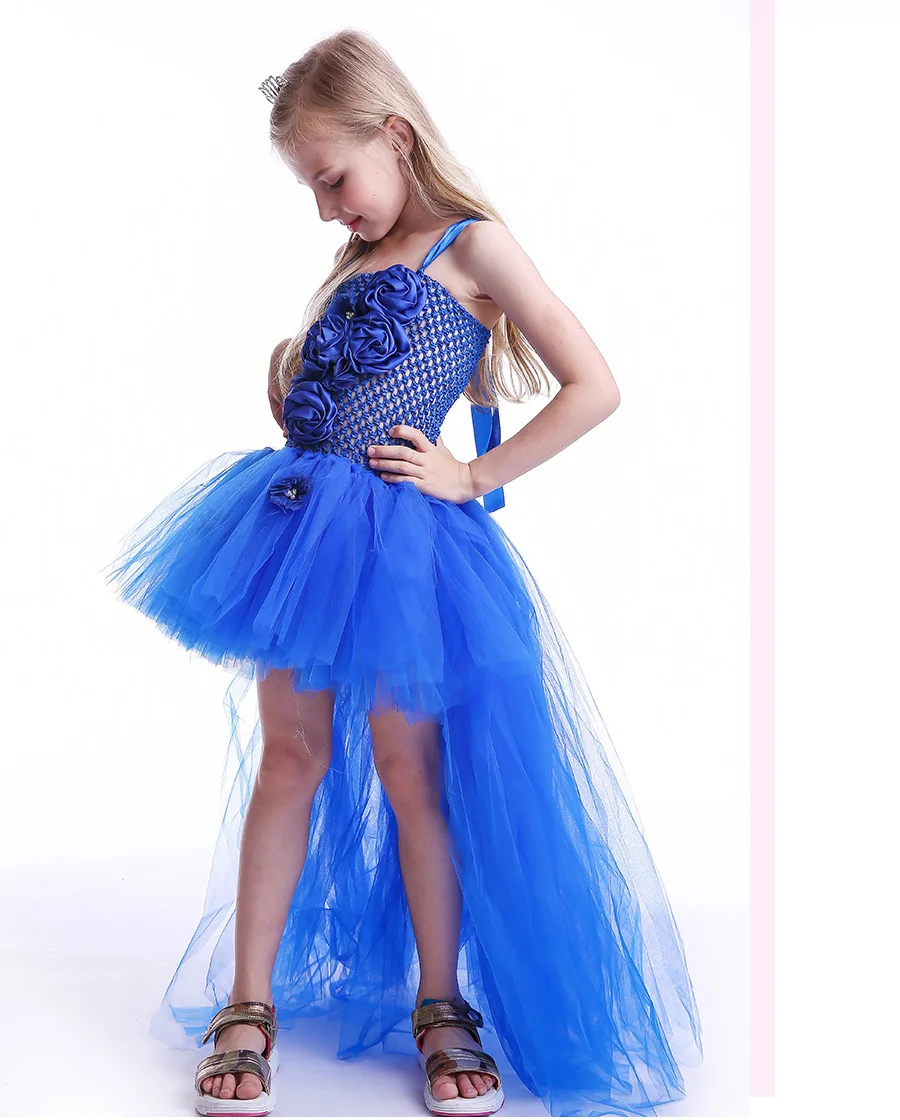 Royal Blue Flowers Girls Tutu Dress High Low Ice Princess Tulle Dress for Wedding Pageant Party Handmade Baby Photo Costume (6)