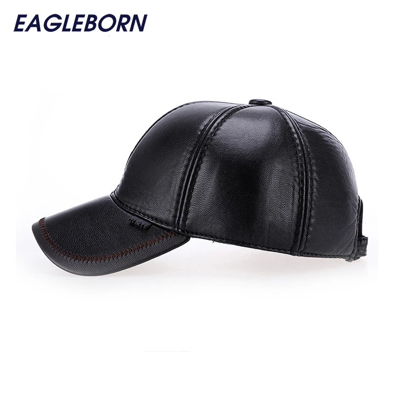 2017 Fashion Leather Baseball Cap Men Thicken Fall Winter Hats with Ears 6 Panel Keep Warm Leather Cap Male Hats Bone casquette