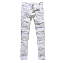 Gmancl высокое качество байкер мужчины джинсы проблемные hip hop rock тощий Slim Fit Ripped Эластичный Панк Отверстие Мотоциклов Красный Молния брюки