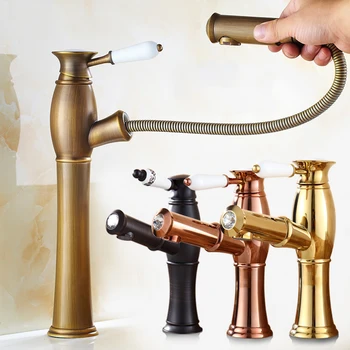 

6 Styles Classic Pull out down Spout Spray head Antique brass bathroom basin Vessel Sink Faucet Water Tap Basin faucet