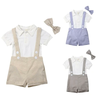 

2019 Infant Baby Boys Gentleman Solid Romper Suspenders Plaid Pants Set Outfits Baby Boy Formal Clothes