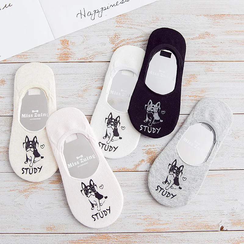 10 пар, женские хлопковые носки с изображением бульдога, горячего тиснения, силиконовые противоскользящие невидимые носки,, женские носки с кораблем
