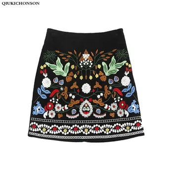 

Vintage ethnic pattern embroidered corduroy skirt women spring autumn Korean fashion A-line high waisted mini skirts ladies