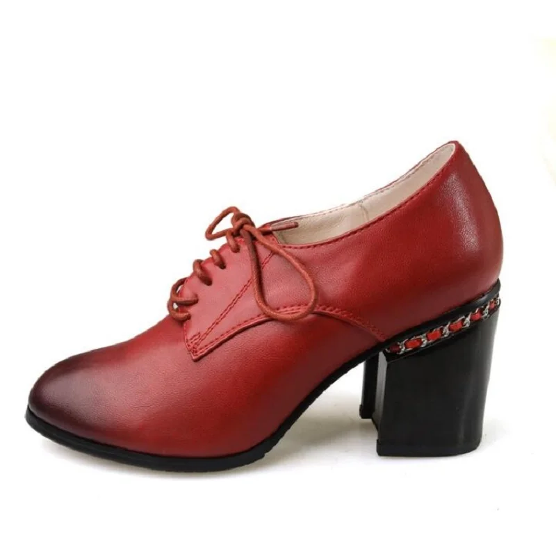 

Fashion Vintage Chain Decoration High Heel Vogue Shoes Lace Up Mid Heel Block Chunky Office Shoes Wing Tip Oxfords Black Red 62