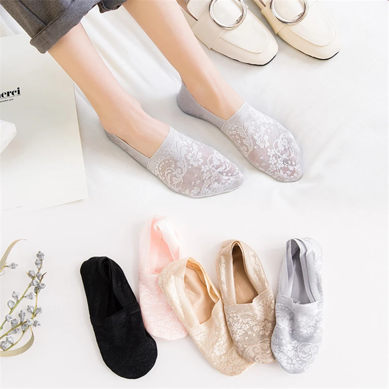 

Spring Summer Fashion New Deep Sock Slippers Women Skid Lace Solid Thin Invisibility Socks Nylon Breathability Boat Socks