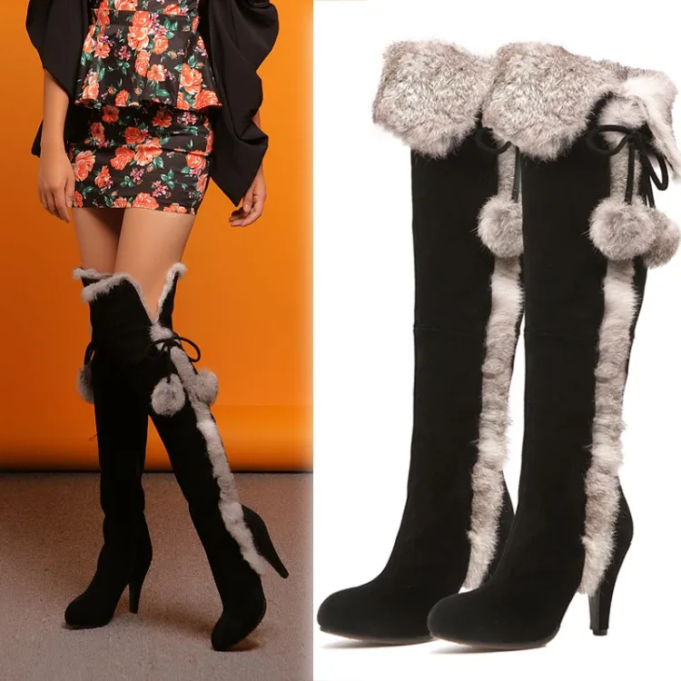 

Womens Suede Leather Real Rabbit Fur Over Knee Thigh Boots Warm Winter Stilettos Shoes Snow