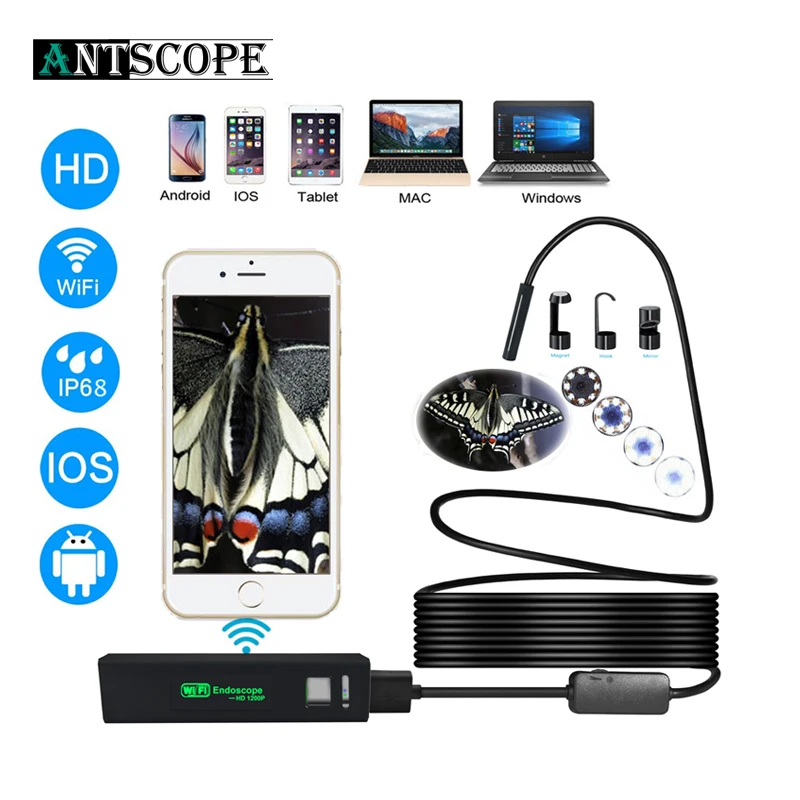 Antscope HD1200P Wifi эндоскоп камера Android IPhone бороскоп IP68 Водонепроницаемый
