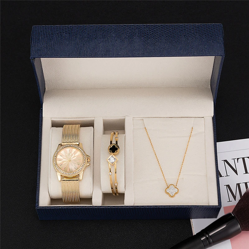 

Luxury Brand Three-piece Ladies Watch Gift Box Set Diamond Four-leaf Clover Lucky Combination Women's Wristwatch Reloj Mujer Fei