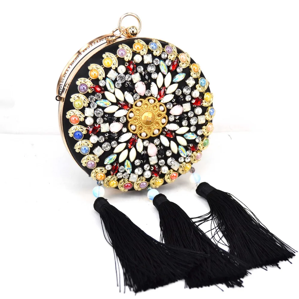 Fashion Round Luxury Bead Clutch Evening Bag tassel Wristlets bag Pink White Clutch Party Purse Wedding banquet Bag