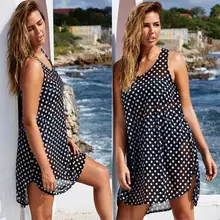 Стиль, женский пляжный накидка, кафтан, саронг, платье, купальник бикини, купальник размера плюс, без рукавов, в горошек, свободный, модный, хит